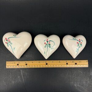 3 Vtg Ceramic Cream Color Heart Shape Wall Hanging Ornament Floral Ribbon Paint